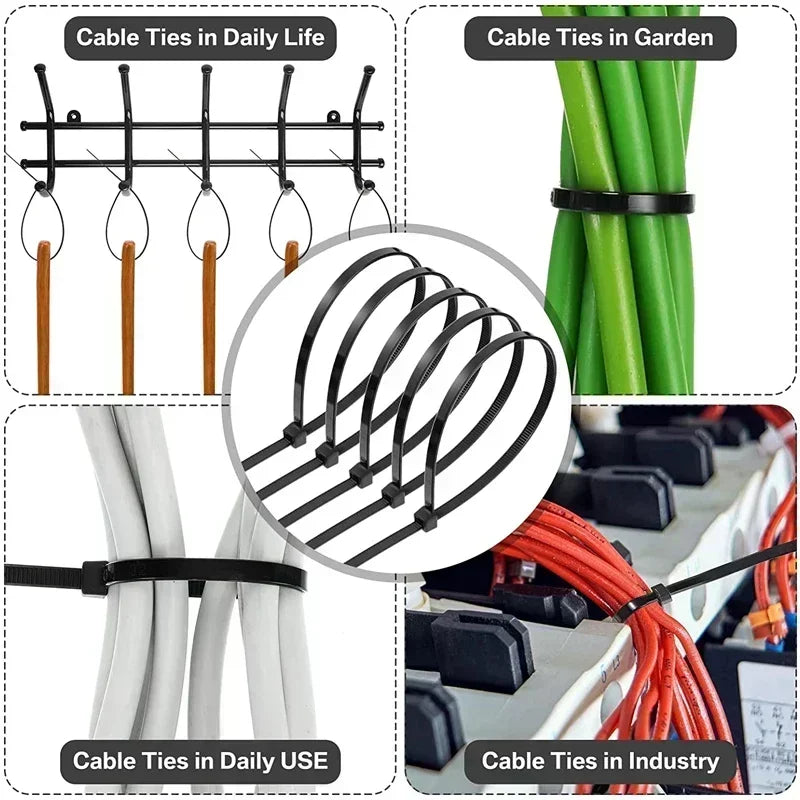 2000/100Pcs Self Locking Nylon Cable Ties Plastic Cord Tie Heavy Duty Cables Fastening Rings Loop Hardware Organizer Wire Straps