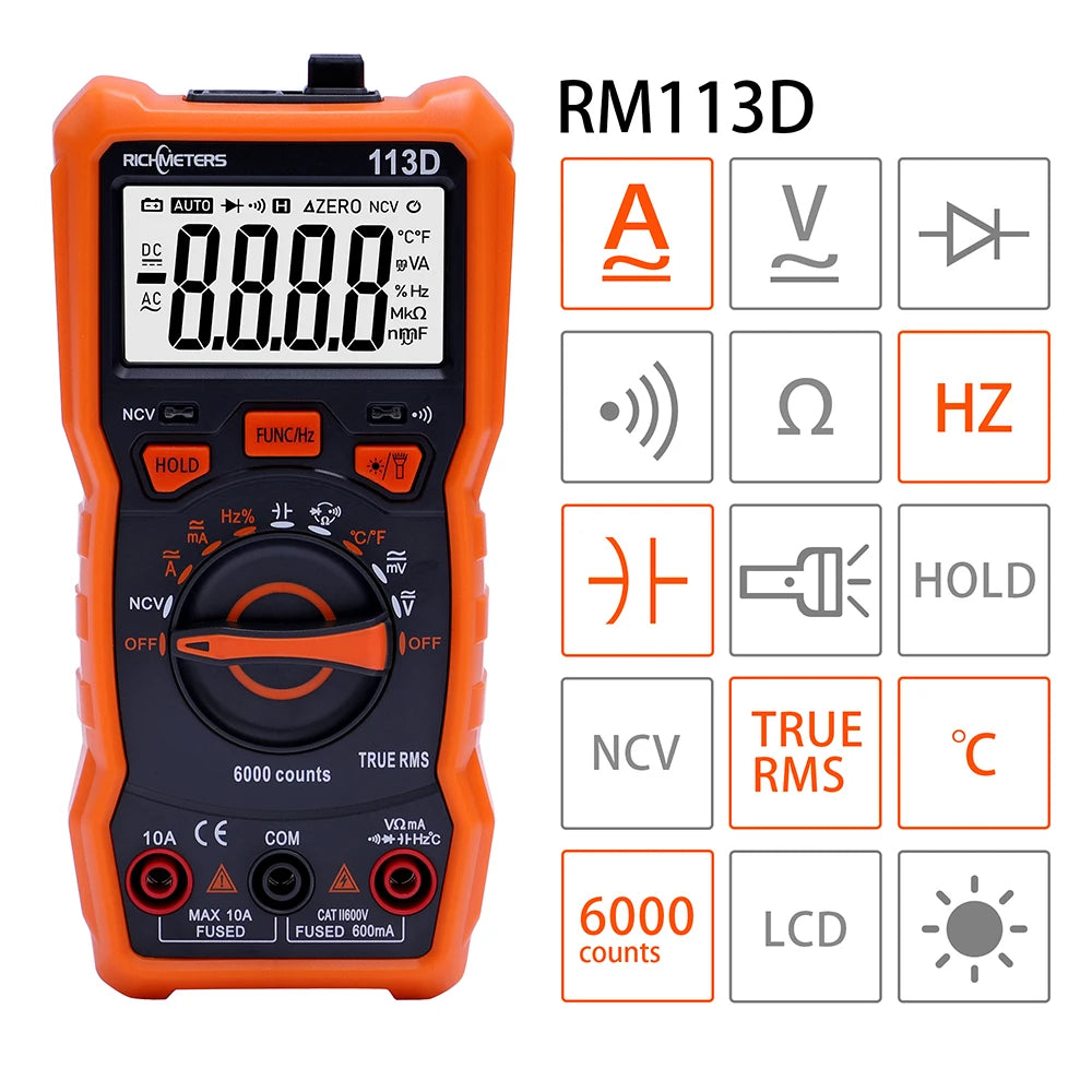 RICHMETERS RM113D Digital Multimeter – 6000 Count, Auto-Ranging