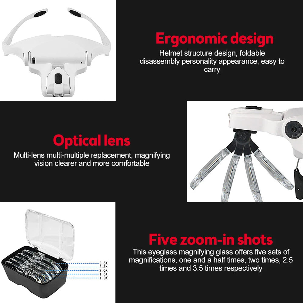 Adjustable LED Head Magnifier – 1.0X to 3.5X Glasses