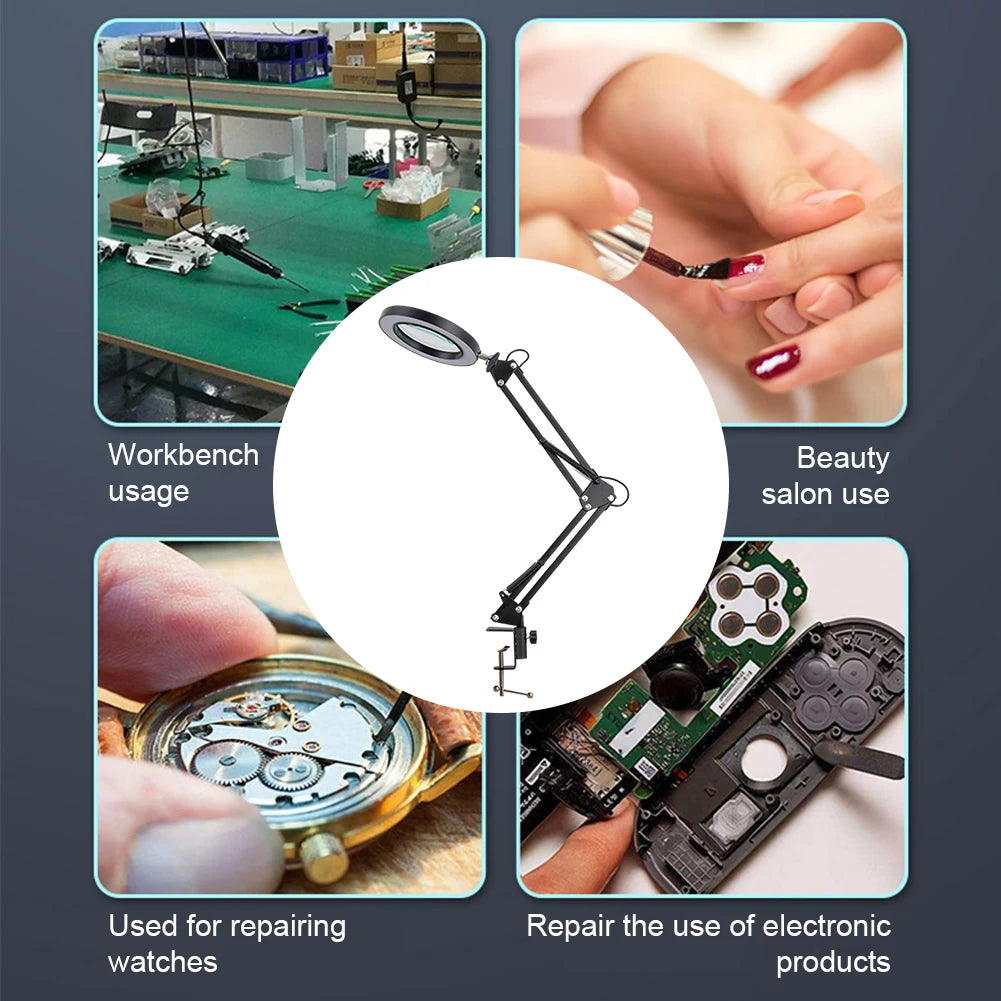 LED Magnifier Lamp – 10X, Clamp-On, 3-Color Light for Repairs