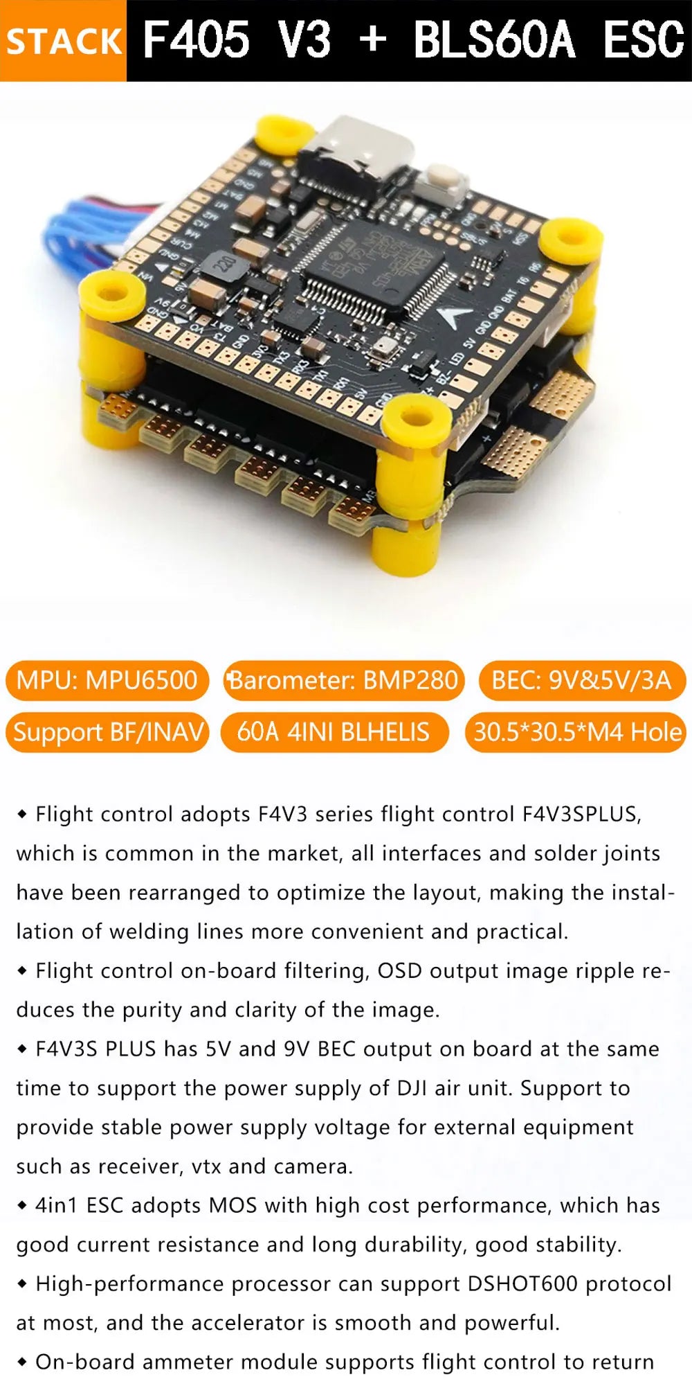 F405 V3 F722 Flight Controller BLS 4-in-1 60A 80A ESC 2-6S Lipo Stack/Flytower for Remote Control FPV Racing Drone Quadcopter