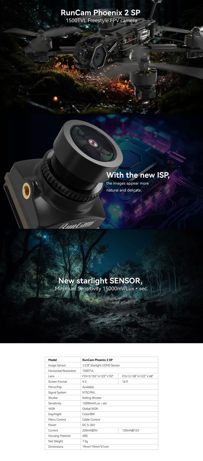 RunCam Phoenix 2 SP V3 Camera DC 5-36V Screen ratio 4:3/16:9 7.5g 19*19*21mm Night View for RC FPV racing drones Quadcopter